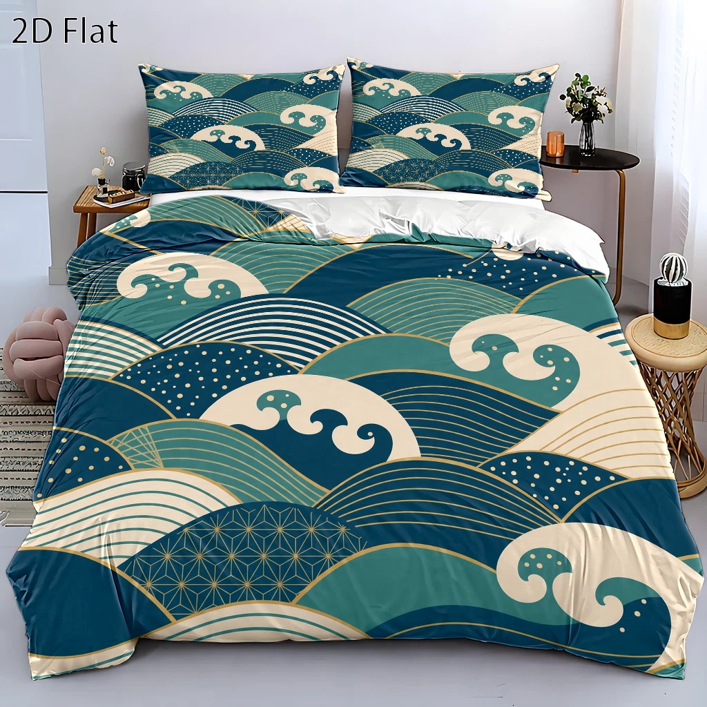 Luxury Japanese Skincare - 3-Piece Japanese-Style Wave Pattern Duvet Cover